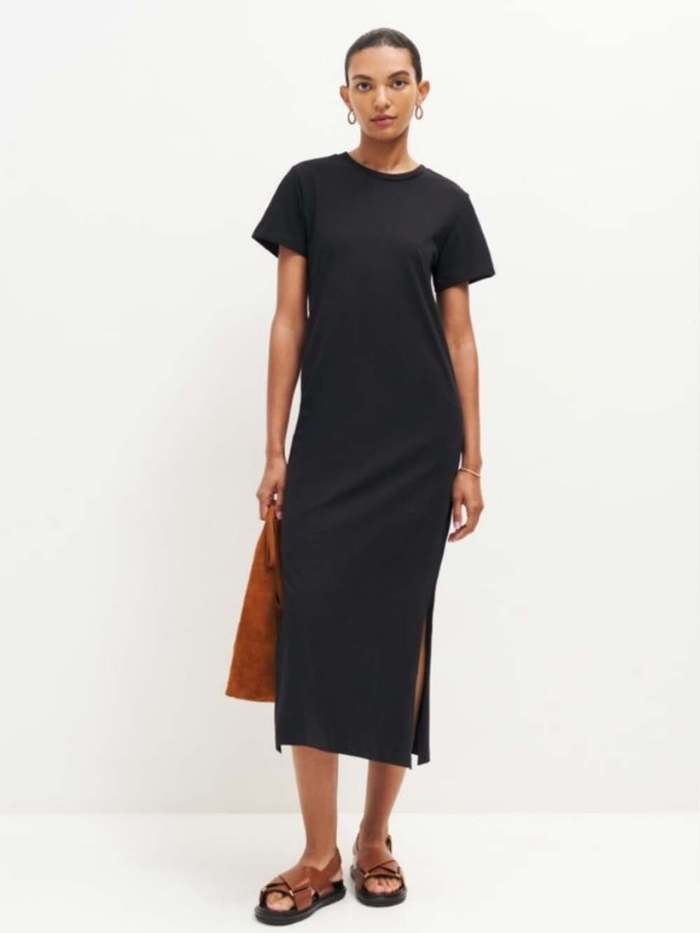 Reformation Bronwyn T-shirt dress Sz Small S Black side split stretch crew
